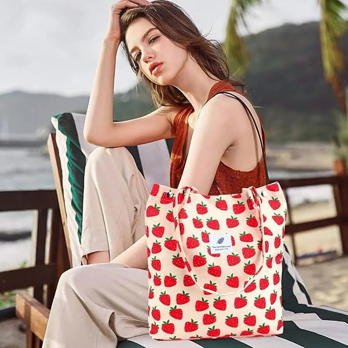Chic Strawberry Corduroy Tote Bag – Stylish and Versatile Shoulder Purse for Everyday Elegance