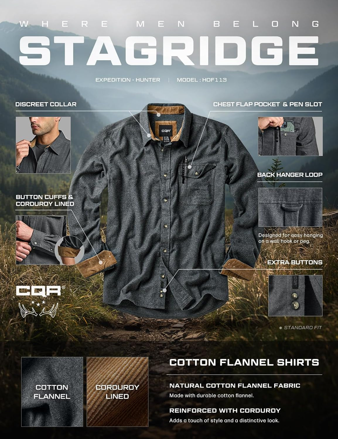 Men's Cotton Flannel Button-Down Shirt - Warm & Soft Long Sleeve Plaid for Casual Outdoor Wear