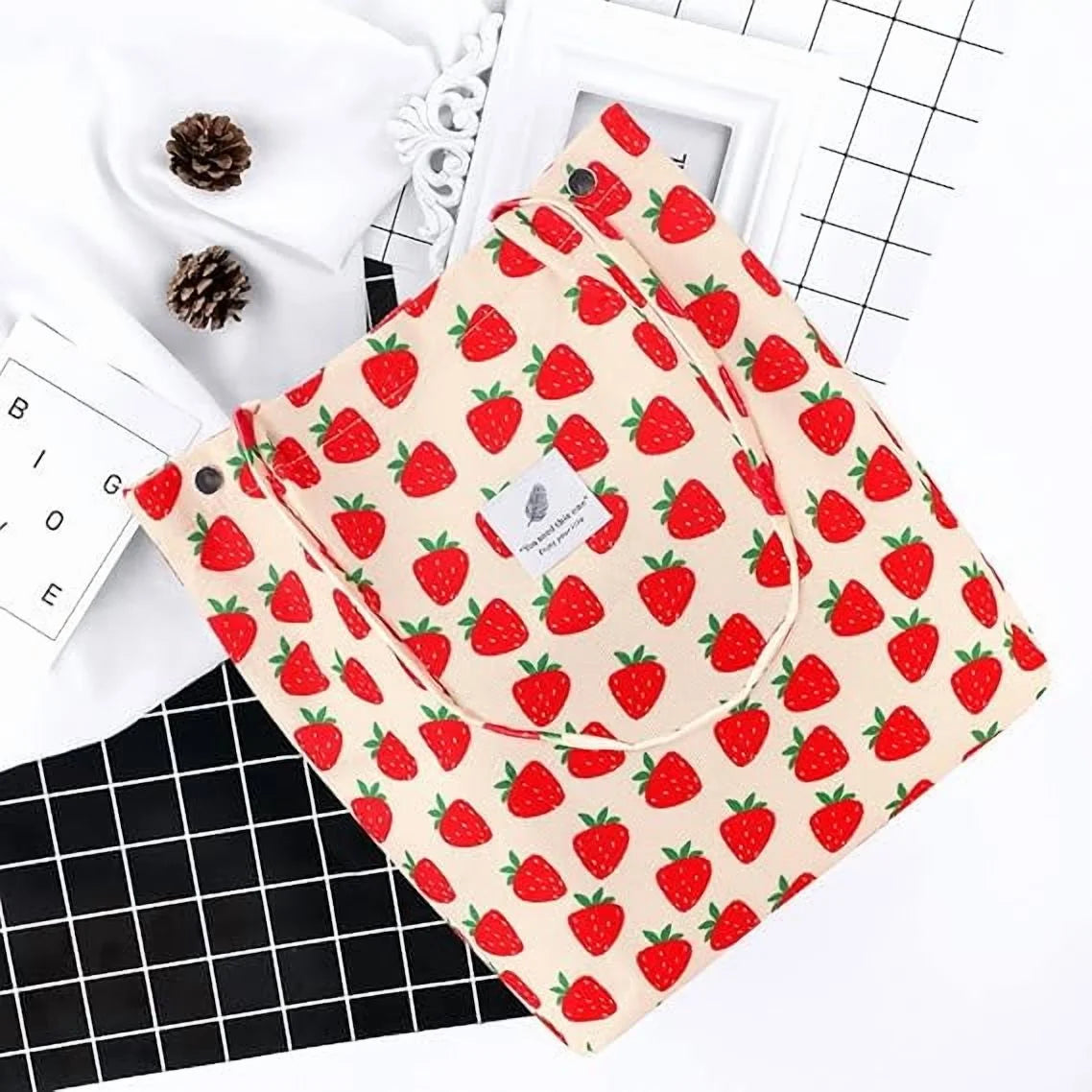 Chic Strawberry Corduroy Tote Bag – Stylish and Versatile Shoulder Purse for Everyday Elegance