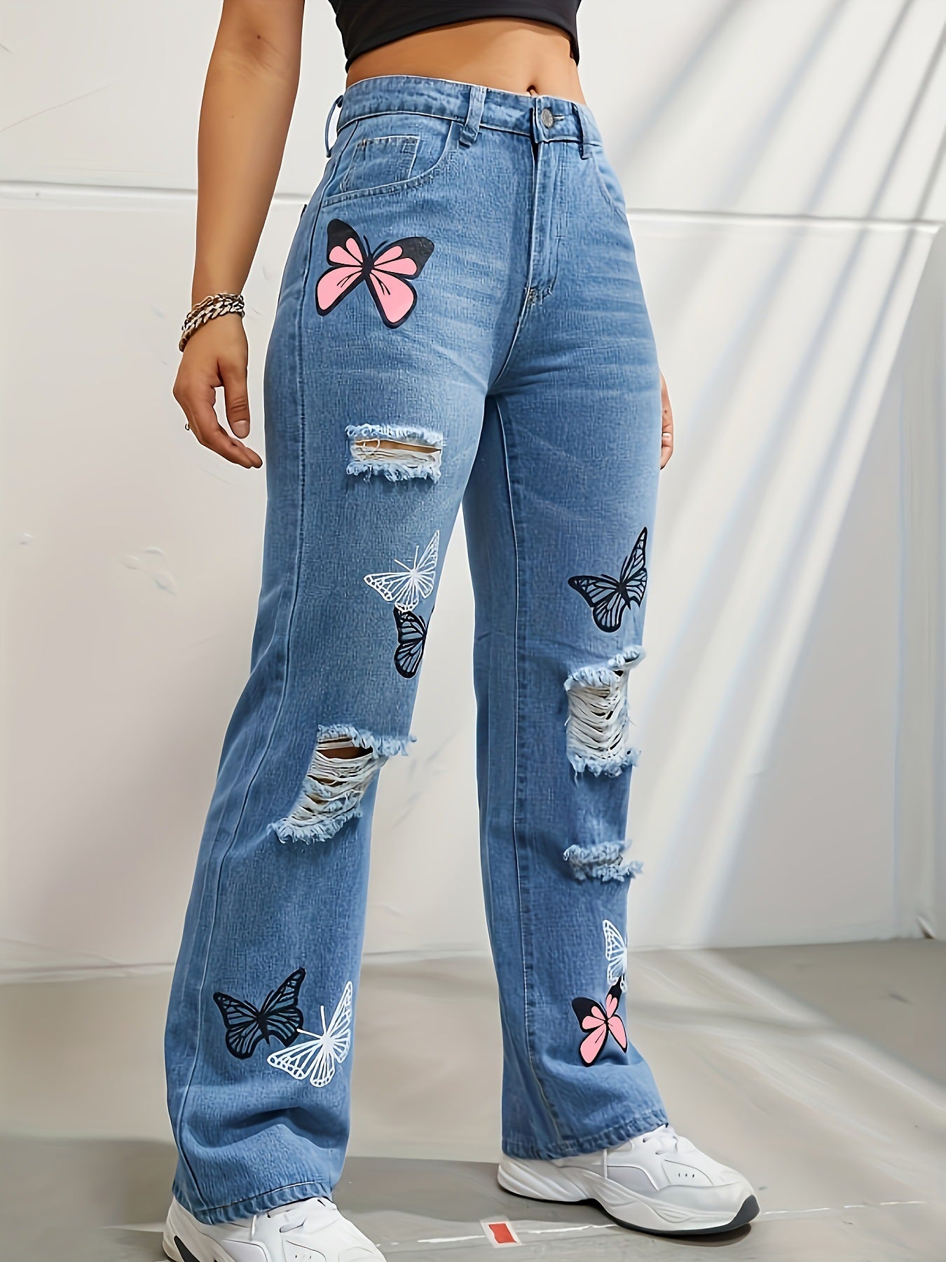 Trendy Butterfly Print High Waisted Straight Leg Ripped Distressed Jeans for Women