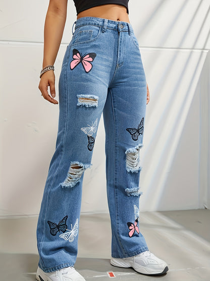 Trendy Butterfly Print High Waisted Straight Leg Ripped Distressed Jeans for Women