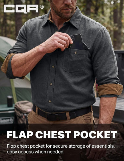 Men's Cotton Flannel Button-Down Shirt - Warm & Soft Long Sleeve Plaid for Casual Outdoor Wear