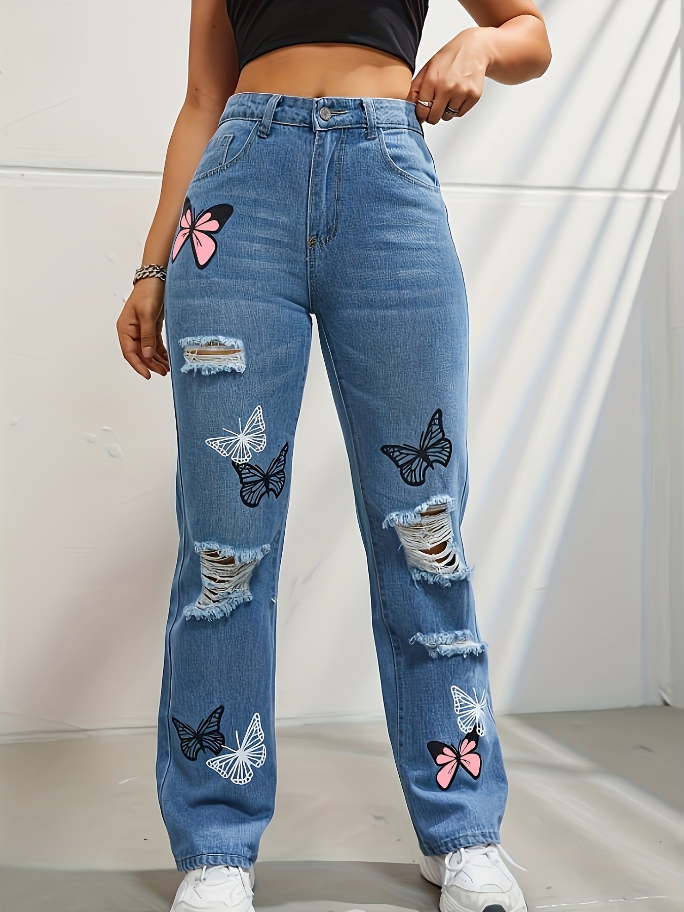 Trendy Butterfly Print High Waisted Straight Leg Ripped Distressed Jeans for Women