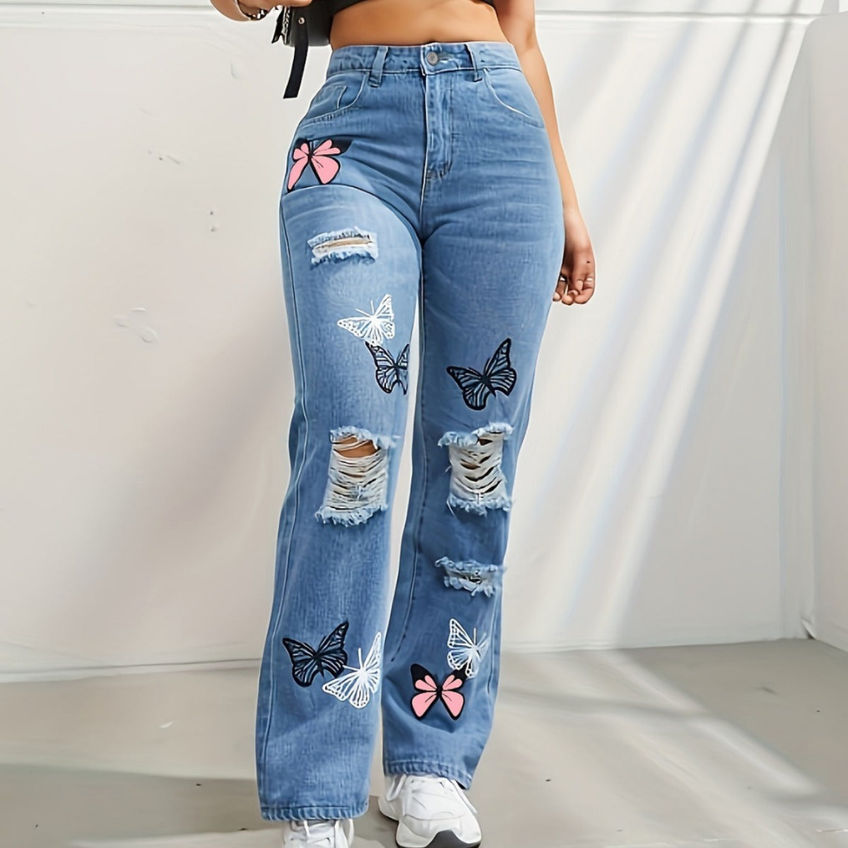 Trendy Butterfly Print High Waisted Straight Leg Ripped Distressed Jeans for Women