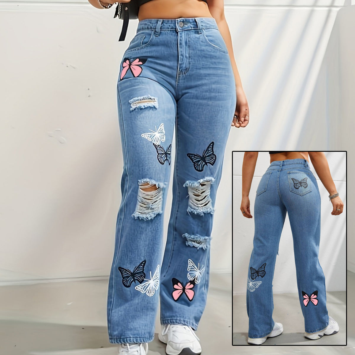 Trendy Butterfly Print High Waisted Straight Leg Ripped Distressed Jeans for Women