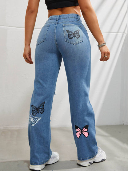 Trendy Butterfly Print High Waisted Straight Leg Ripped Distressed Jeans for Women