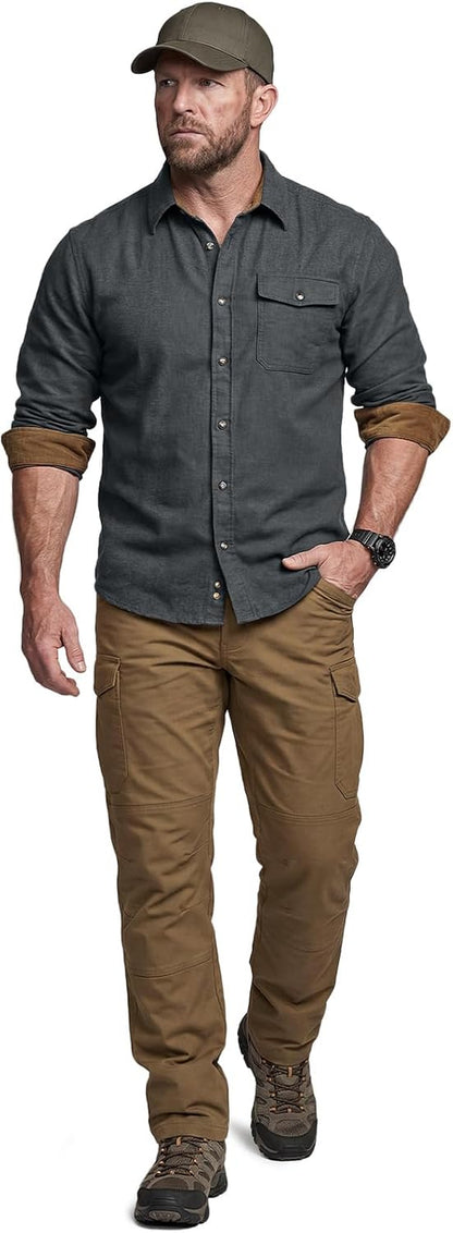 Men's Cotton Flannel Button-Down Shirt - Warm & Soft Long Sleeve Plaid for Casual Outdoor Wear