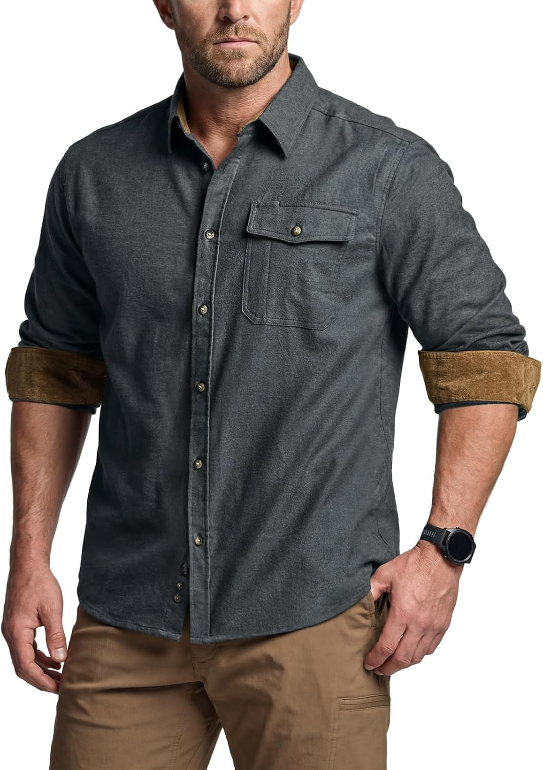 Men's Cotton Flannel Button-Down Shirt - Warm & Soft Long Sleeve Plaid for Casual Outdoor Wear