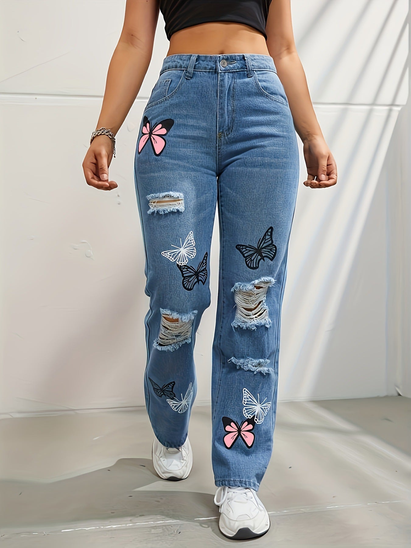 Trendy Butterfly Print High Waisted Straight Leg Ripped Distressed Jeans for Women